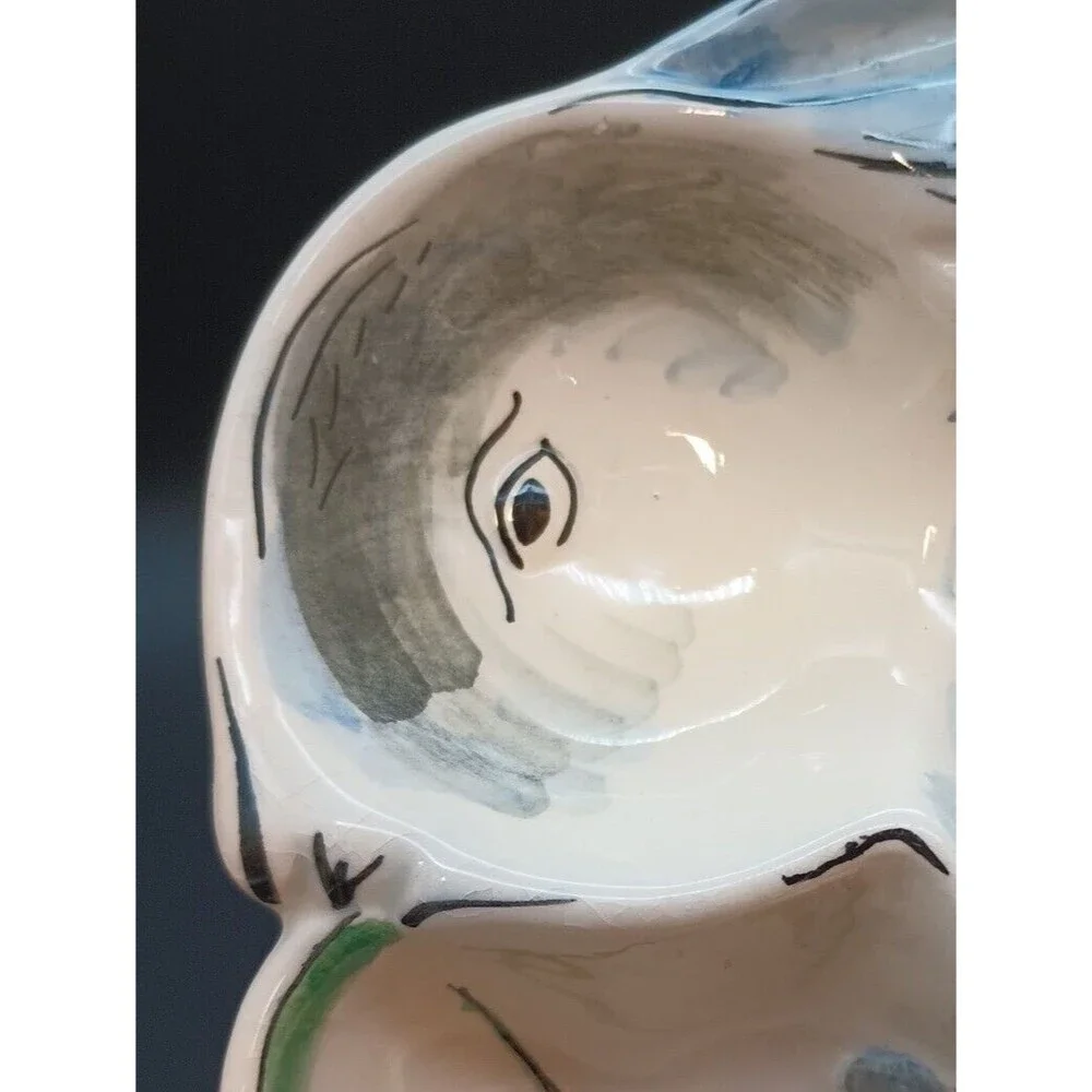 Vintage Bunny And Cabbage Leaf Divided Dish Relish Rabbit Hand Painted Italy